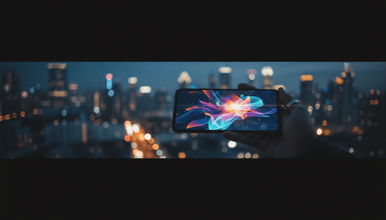 Person holding a smartphone displaying a colorful news app interface against a city skyline at dusk