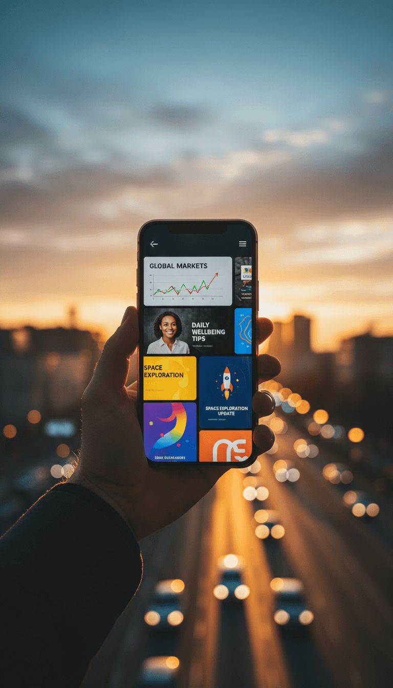 Person holding smartphone showing a visually diverse news feed against a city skyline at dusk